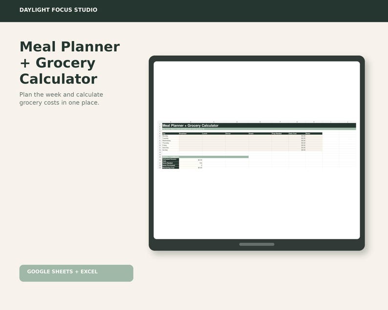 Meal Planner and Grocery Calculator Spreadsheet, Weekly Menu, Shopping ...