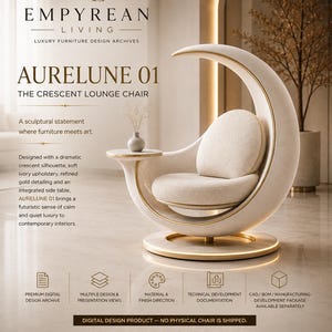 May include: A crescent-shaped lounge chair with ivory upholstery, gold trim, and an integrated side table. The text reads: EMPYREAN LIVING, AURELUNE 01, THE CRESCENT LOUNGE CHAIR, A sculptural statement where furniture meets art, DIGITAL DESIGN PRODUCT.