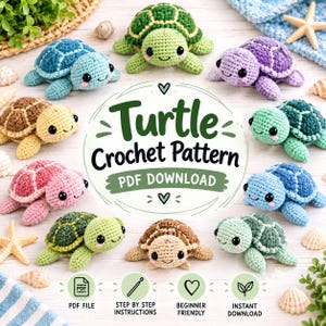 May include: A collection of ten small, colourful crocheted turtles arranged in a circle around a central white label with the text Turtle Crochet Pattern PDF DOWNLOAD. The turtles feature various shell colours including green, blue, purple, pink, and brown.