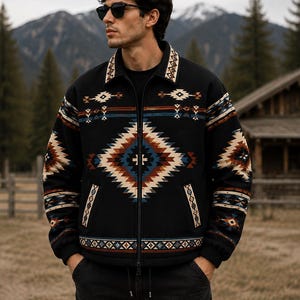 May include: A black zip-up jacket featuring a prominent geometric pattern in shades of cream, rust, and blue across the chest, sleeves, and collar. The garment includes a full-length front zipper, ribbed cuffs, and two side pockets with patterned trim.