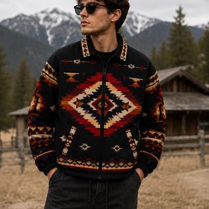 May include: A black zip-up jacket featuring a prominent geometric pattern in shades of red, orange, and cream. The design includes a fold-down collar, long sleeves with matching patterned cuffs, and two front pockets, all set against a dark base.