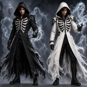May include: Two long hooded coats, one black and one white, featuring a prominent ribcage graphic on the chest. Both coats have structured shoulders, zippered fronts, and distressed, tattered hemlines. The figures wear black gloves and boots.