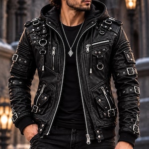 Svart Aurex hub gotisk bikerjacka med huva för män | Taktisk motocrossjacka med flera fickor | Broderi med korsade vingar | Punkspännen och remmar på streetwear