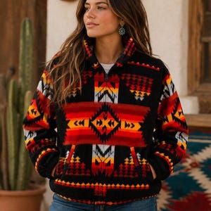 May include: A black fleece jacket featuring a vibrant geometric pattern in shades of red, orange, yellow, and white. The jacket has a high collar, a full-length front zip, long sleeves with ribbed cuffs, and two front pockets, worn with blue jeans.