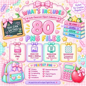 Op de afbeelding: Een digitale collectie van 80 PNG-bestanden met clipart in klaslokaalthema. De afbeelding toont een schoolbord met de tekst YOU CAN DO THIS, een stapel boeken met de labels BE KIND, LEARN, GROW, SHINE, een rugzak, een rekenmachine en een appel.