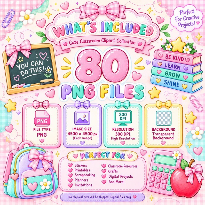 Op de afbeelding: Een digitale collectie van 80 PNG-bestanden met clipart in klaslokaalthema. De afbeelding toont een schoolbord met de tekst YOU CAN DO THIS, een stapel boeken met de labels BE KIND, LEARN, GROW, SHINE, een rugzak, een rekenmachine en een appel.