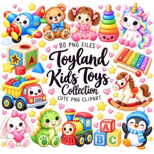 Puede incluir: Una colección digital de 80 archivos PNG titulada Toyland Kids Toys Collection que presenta ilustraciones de dibujos animados de un avión azul, oso de peluche, muñeca, anillos apilables, unicornio, xilófono, camión volquete, caballito balancín, conejo, dinosaurio, tren y pingüino.