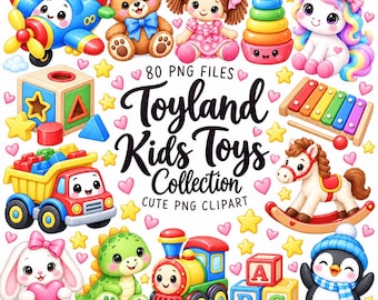 Op de afbeelding: Een digitale collectie van 80 PNG-bestanden genaamd Toyland Kids Toys Collection met cartoonillustraties van een blauw vliegtuig, teddybeer, pop, stapelringen, eenhoorn, xylofoon, kiepwagen, hobbelpaard, konijn, dinosaurus, trein en pinguïn.