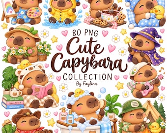 Op de afbeelding: Een digitale collectie van 80 PNG-illustraties met bruine capibara's in diverse activiteiten, waaronder schilderen, koken, slapen, tuinieren, lezen, baden en kamperen, omringd door kleine hartjes, sterren en bloemen.