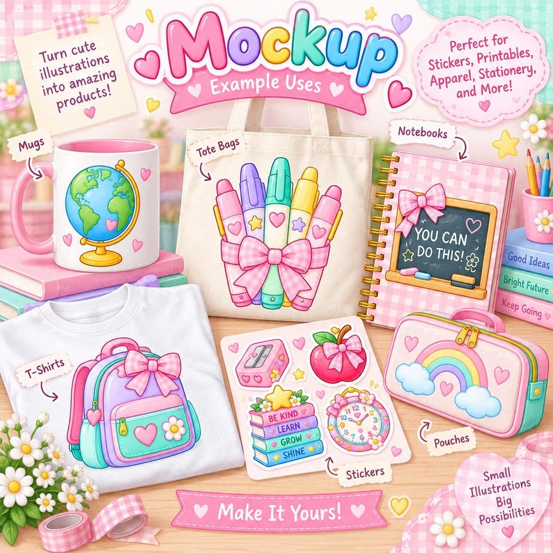 Op de afbeelding: Een digitale mockup-set met een witte mok met wereldbol, een canvas tas met pastelkleurige stiften, een roze geruit notitieboek met schoolbordafbeelding, een wit t-shirt met rugzakillustratie en een etui met regenboogontwerp.
