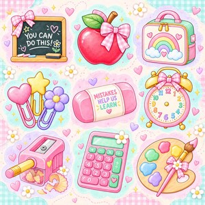 Op de afbeelding: Een verzameling stickers met een schoolthema, waaronder een schoolbord met de tekst YOU CAN DO THIS, een rode appel met een strik, een regenboog lunchbox, hart- en bloemvormige paperclips, een roze gum met MISTAKES HELP US LEARN, een klok, een puntenslijper, een rekenmachine en een verfpalet.