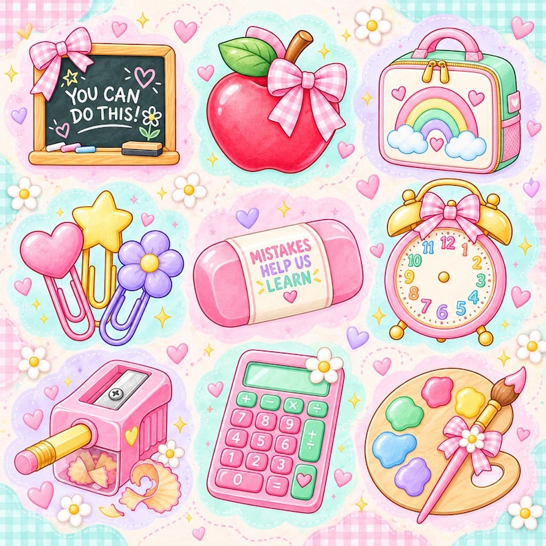 Op de afbeelding: Een verzameling stickers met een schoolthema, waaronder een schoolbord met de tekst YOU CAN DO THIS, een rode appel met een strik, een regenboog lunchbox, hart- en bloemvormige paperclips, een roze gum met MISTAKES HELP US LEARN, een klok, een puntenslijper, een rekenmachine en een verfpalet.