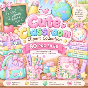 Op de afbeelding: Een digitale clipartcollectie met een klaslokaalthema, inclusief een rugzak, boeken, een wereldbol, een pennenhouder, een notitieboek en briefpapier. De tekst luidt Cute Classroom Clipart Collection, 80 PNG Files en Good Ideas Start Here.