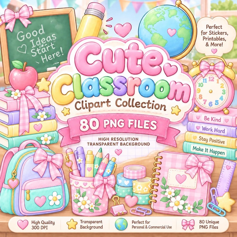 Op de afbeelding: Een digitale clipartcollectie met een klaslokaalthema, inclusief een rugzak, boeken, een wereldbol, een pennenhouder, een notitieboek en briefpapier. De tekst luidt Cute Classroom Clipart Collection, 80 PNG Files en Good Ideas Start Here.