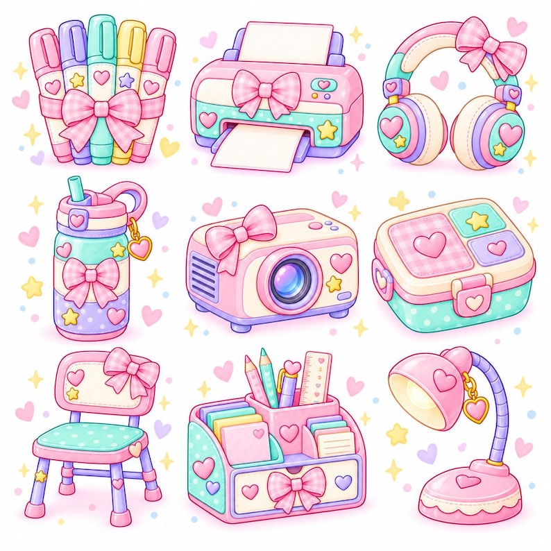 Op de afbeelding: Een verzameling pastelkleurige kantoor- en lifestyle-artikelen, waaronder stiften, een printer, een koptelefoon, een waterfles, een projector, een lunchbox, een stoel, een bureau-organizer en een lamp, versierd met roze strikken, hartjes en sterren.