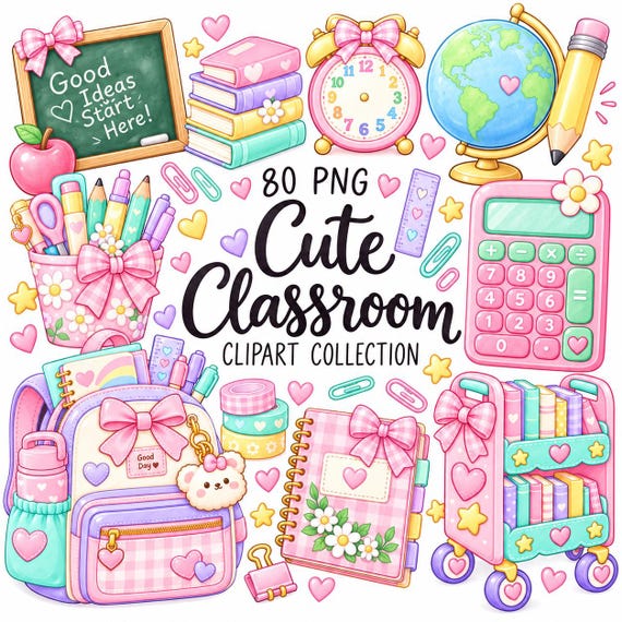 Pastel Classroom Clipart Bundle, 80 PNG Files, School Supplies (Digital Download)
