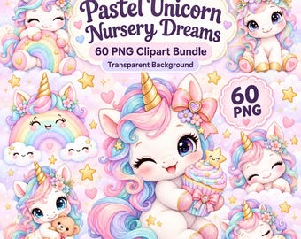 Op de afbeelding: Een digitale collectie van 60 PNG-clipartafbeeldingen met pastelkleurige eenhoorns, regenbogen, wolken, sterren en hartjes. De centrale tekst luidt Pastel Unicorn Nursery Dreams 60 PNG Clipart Bundle Transparent Background met een 60 PNG-badge.