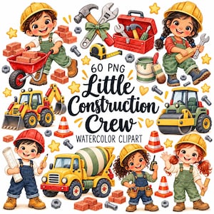 Può includere: Una collezione di clipart ad acquerello con bambini in tenuta da cantiere, una cassetta degli attrezzi rossa, una carriola con mattoni, un escavatore, un rullo compressore, una betoniera, coni stradali, dadi, bulloni e il testo 60 PNG Little Construction Crew.