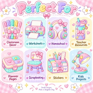 Op de afbeelding: Een digitale illustratie met de tekst Perfect For bovenaan, met acht pastelkleurige panelen met iconen van stiften, printer, koptelefoon, waterfles, lunchbox, stoel, bureau-organizer en lamp met bijbehorende labels.
