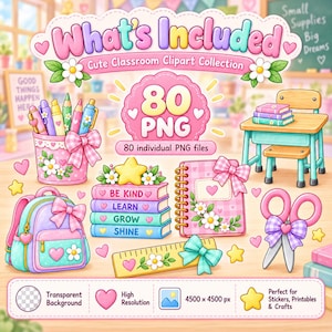 Op de afbeelding: Een digitale clipartcollectie getiteld What's Included Cute Classroom Clipart Collection met 80 PNG-bestanden. De set bevat een pennenhouder, schooltafel, rugzak, stapel boeken, notitieboek, liniaal en een schaar met bloemmotieven.