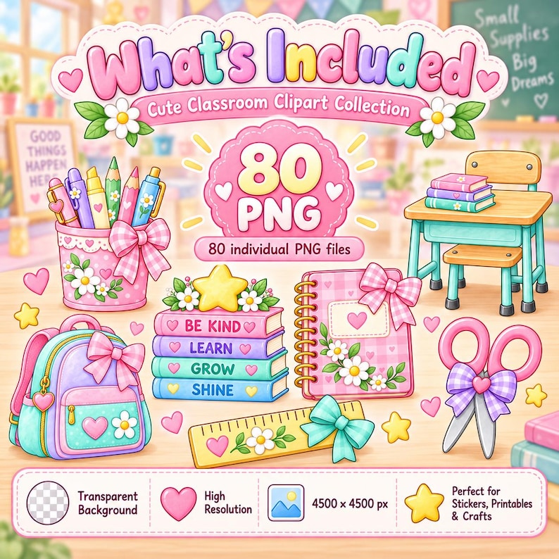 Op de afbeelding: Een digitale clipartcollectie getiteld What's Included Cute Classroom Clipart Collection met 80 PNG-bestanden. De set bevat een pennenhouder, schooltafel, rugzak, stapel boeken, notitieboek, liniaal en een schaar met bloemmotieven.