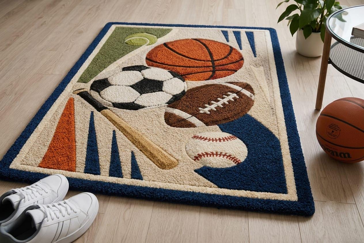 Handmade Tufted Sports Theme Area Rug, Multi Sport Floor Carpet, Game Room Decor, Basketball Soccer Football Baseball Mat, Sports Fan Gift
