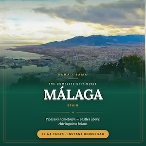 May include: A digital city guide for Málaga, Spain, featuring a panoramic view of the coastal city, harbor, and mountains. The text reads: SAMA SAMA, THE COMPLETE CITY GUIDE, MÁLAGA, SPAIN, Picasso's hometown — castles above, chiringuitos below, 37 A4 PAGES.