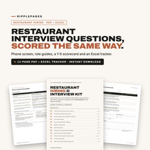 Puede incluir: Un kit digital de contratación y entrevistas para restaurantes que incluye un PDF de 13 páginas y un rastreador de Excel. El documento contiene una guía de entrevistas para camareros, una hoja de puntuación y guías de roles con texto negro y naranja.