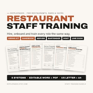 Puede incluir: Un paquete de formación para personal de restaurante con seis sistemas, incluyendo un kit de contratación, manual del empleado y guías para camareros, camareros de barra, anfitriones y cocineros. Disponible en formatos Word y PDF.