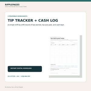 Tip Tracker & Cash Log, 2 Printable Income Worksheets for Servers
