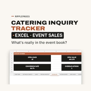 May include: A digital catering inquiry tracker spreadsheet for Excel. The interface displays a dashboard with headline numbers including open leads, open value of $69,370, a 66.7% conversion rate, and 2 overdue actions, with navigation tabs at the bottom.