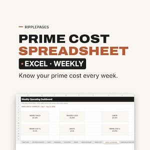 May include: A digital spreadsheet template titled RIPPLEPAGES PRIME COST SPREADSHEET EXCEL WEEKLY. The interface displays a Weekly Operating Dashboard with data fields for weekly sales, tracked COGS, labor, prime cost percentage, waste, and prime cost dollars.