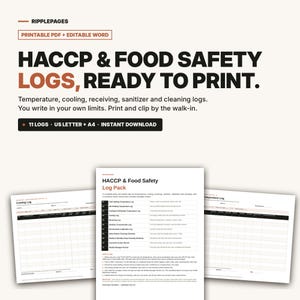 Puede incluir: Un conjunto de documentos digitales titulado HACCP & Food Safety Logs, Ready to Print. Incluye 11 registros imprimibles para temperatura, enfriamiento, recepción, desinfectante y limpieza. Formatos US Letter y A4 incluidos.