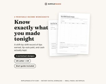 Tip Tracker & Cash Log, 2 Printable Income Worksheets for Servers