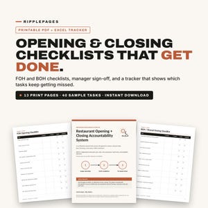 Op de afbeelding: Een digitale documentenset getiteld Ripplepages Opening & Closing Checklists That Get Done, met 13 printbare pagina's en een Excel-tracker. De lay-out bevat FOH- en BOH-checklists, ondertekening door managers en een tracker voor taken.