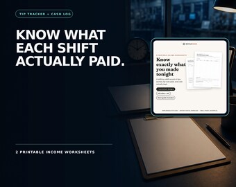 Tip Tracker & Cash Log, 2 Printable Income Worksheets for Servers