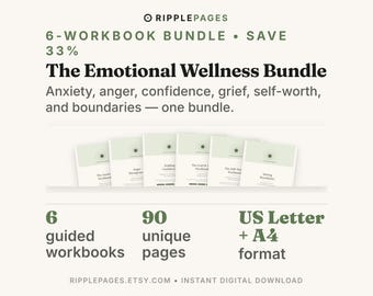 Emotional Wellness Workbook Bundle, 6 Self-Help PDFs (Anxiety, Grief, Confidence)