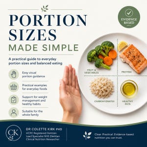 May include: An educational infographic titled PORTION SIZES MADE SIMPLE featuring a white plate divided into four sections containing broccoli, carrots, salmon, brown rice, and olive oil, with text detailing nutrition guidance and credentials.