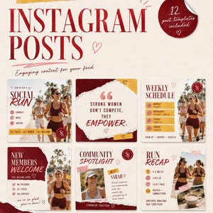 Pode incluir: Um pacote de modelos edit&aacute;veis para publica&ccedil;&otilde;es no Instagram com 12 designs em uma paleta de cores bord&ocirc; e creme. Os modelos incluem texto como Instagram Posts, Social Run, Weekly Schedule, New Members Welcome e Run Recap.