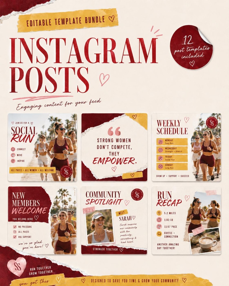 Pode incluir: Um pacote de modelos edit&aacute;veis para publica&ccedil;&otilde;es no Instagram com 12 designs em uma paleta de cores bord&ocirc; e creme. Os modelos incluem texto como Instagram Posts, Social Run, Weekly Schedule, New Members Welcome e Run Recap.