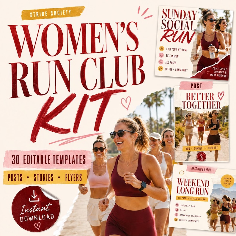 Pode incluir: Um kit de marketing digital para um clube de corrida com 30 modelos edit&aacute;veis para posts, stories e folhetos. O design inclui o texto vermelho Stride Society Women's Run Club Kit, com imagens de corredores e detalhes de eventos.
