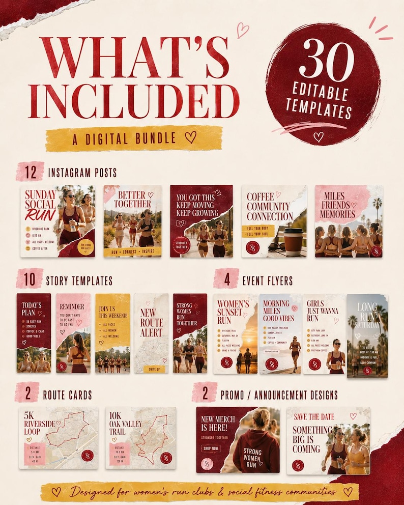 Pode incluir: Um pacote digital de 30 modelos edit&aacute;veis para redes sociais, incluindo 12 posts para Instagram, 10 modelos de stories, 4 folhetos de eventos, 2 cart&otilde;es de rota e 2 designs promocionais. O texto inclui What's Included, 30 Editable Templates e v&aacute;rias frases sobre corrida.