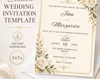 Pode incluir: Um modelo de convite de casamento editável de 5x7 polegadas em papel creme com bordas douradas e ilustrações florais em aquarela de rosas brancas e folhas verdes. O texto inclui os nomes John e Margarita, data 16 de agosto de 2026.