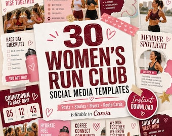 Women’s Run Club Social Media Templates, 30 Editable Instagram Posts, Stories & Flyers