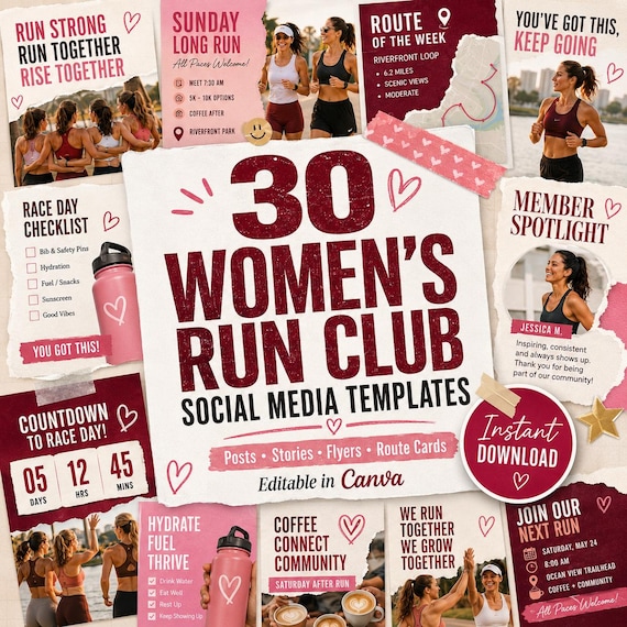 Women’s Run Club Social Media Templates, 30 Editable Instagram Posts, Stories & Flyers