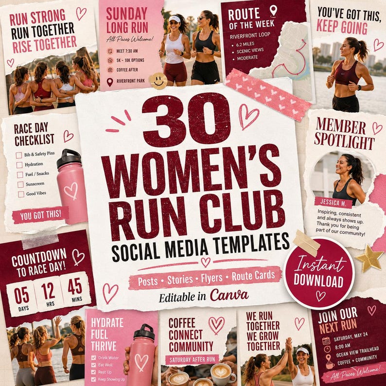 Pode incluir: Uma cole&ccedil;&atilde;o de 30 modelos de redes sociais para um clube de corrida feminino, com esquemas de cores rosa e bord&ocirc;. Os modelos incluem texto como 30 Women's Run Club Social Media Templates, Sunday Long Run, Race Day Checklist e Member Spotlight.