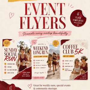 Pode incluir: Um pacote de modelos edit&aacute;veis para folhetos de eventos com quatro designs. Os gr&aacute;ficos incluem texto como EVENT FLYERS, SUNDAY SOCIAL RUN, WEEKEND LONG RUN e COFFEE CLUB 5K, juntamente com fotografias de corredores e v&aacute;rios &iacute;cones de datas.