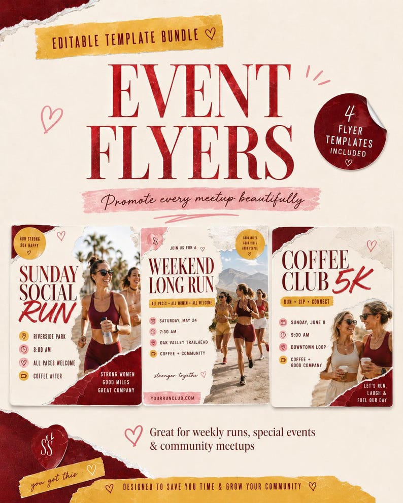 Pode incluir: Um pacote de modelos edit&aacute;veis para folhetos de eventos com quatro designs. Os gr&aacute;ficos incluem texto como EVENT FLYERS, SUNDAY SOCIAL RUN, WEEKEND LONG RUN e COFFEE CLUB 5K, juntamente com fotografias de corredores e v&aacute;rios &iacute;cones de datas.