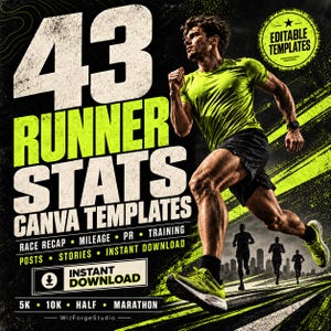 Könnte beinhalten: Eine digitale Grafik mit einem Läufer in neongelbem T-Shirt und schwarzer Shorts. Der Text lautet 43 RUNNER STATS CANVA TEMPLATES, RACE RECAP, MILEAGE, PR, TRAINING, POSTS, STORIES, INSTANT DOWNLOAD, 5K, 10K, HALF, MARATHON und WizForgeStudio.