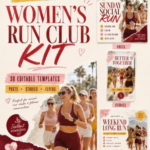 Pode incluir: Um pacote de modelos digitais para um clube de corrida com detalhes em papel rasgado vermelho e creme. O texto diz Run Club Kit, Sunday Social Run, Better Together e Weekend Long Run. Inclui layouts para posts, stories e folhetos de redes sociais.